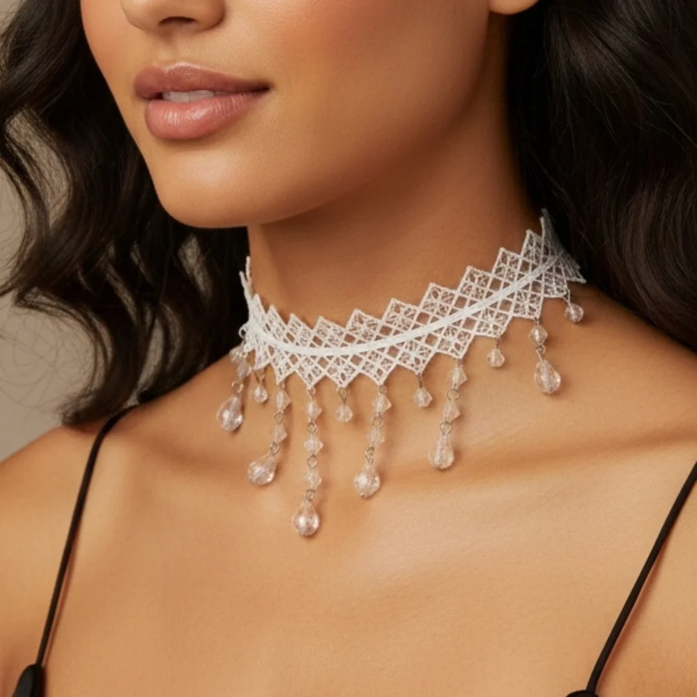 🤍 Elegant White Lace Choker Necklace With Drop Dangles New